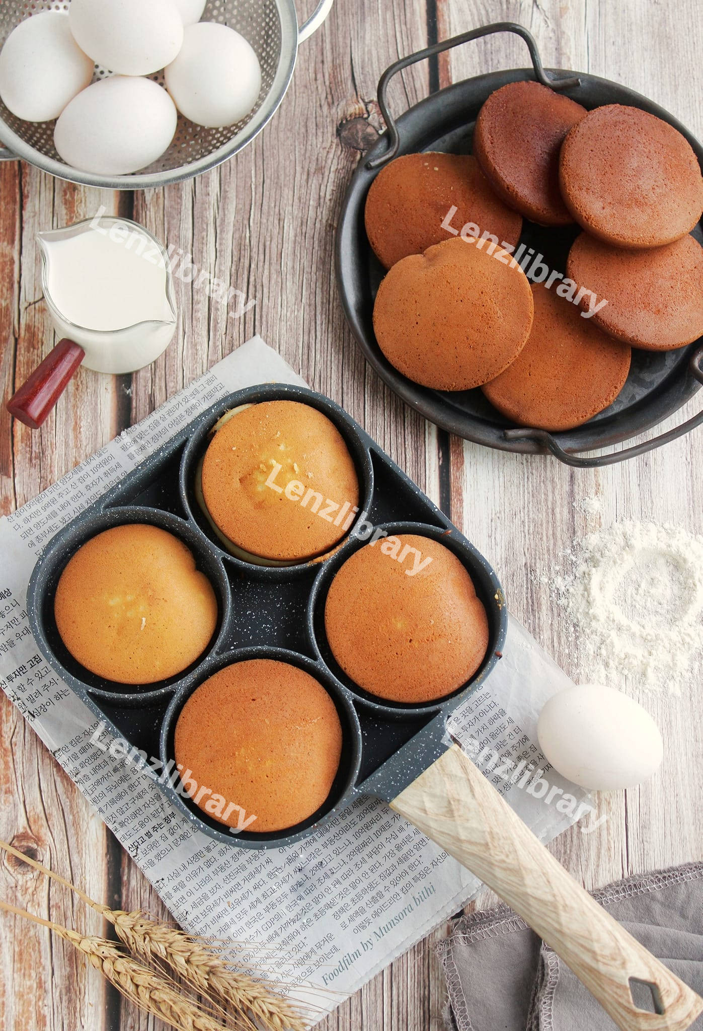 Mini pancakes on the table with some eggs